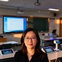 上海某知名国际学校信息中心主任照片，女士戴着眼镜，背景为智慧教室场景
